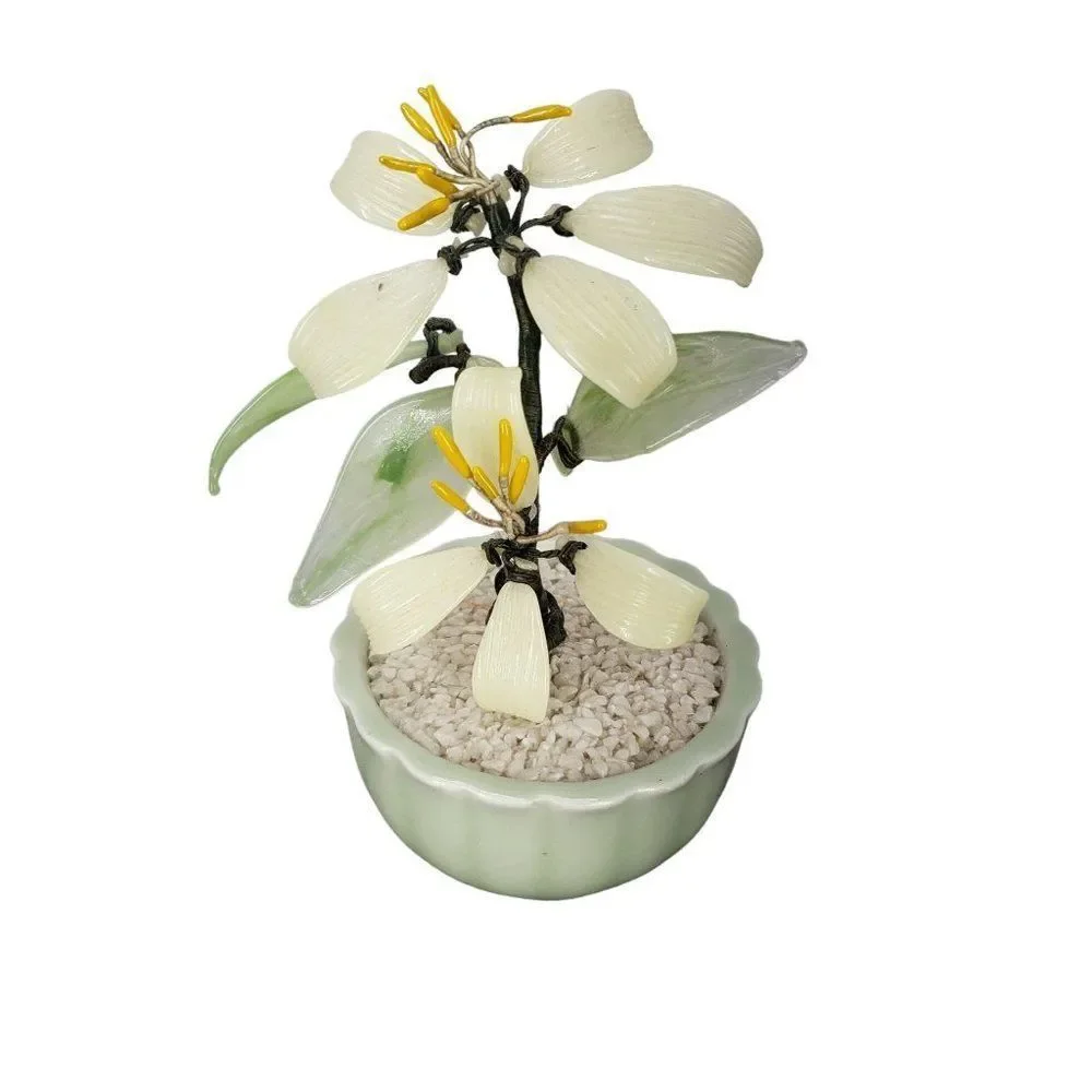 Taiwanese Spinach Jade & Semi Precious Gems Bonsai Tree, Vintage Bonsai Tree, Fl